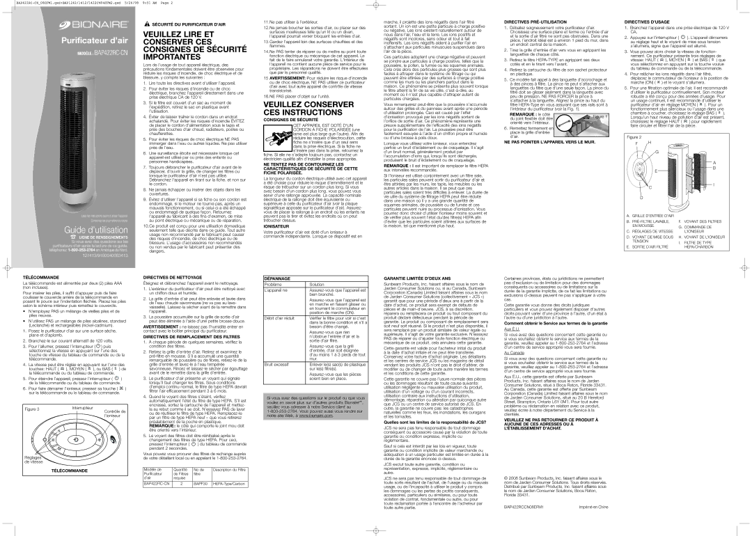 Bionaire BAP422RC-CN Sécurité DU Purificateur D’AIR, Consignes DE Sécurité, Ionisateur, Directives PRÉ-UTILISATION 