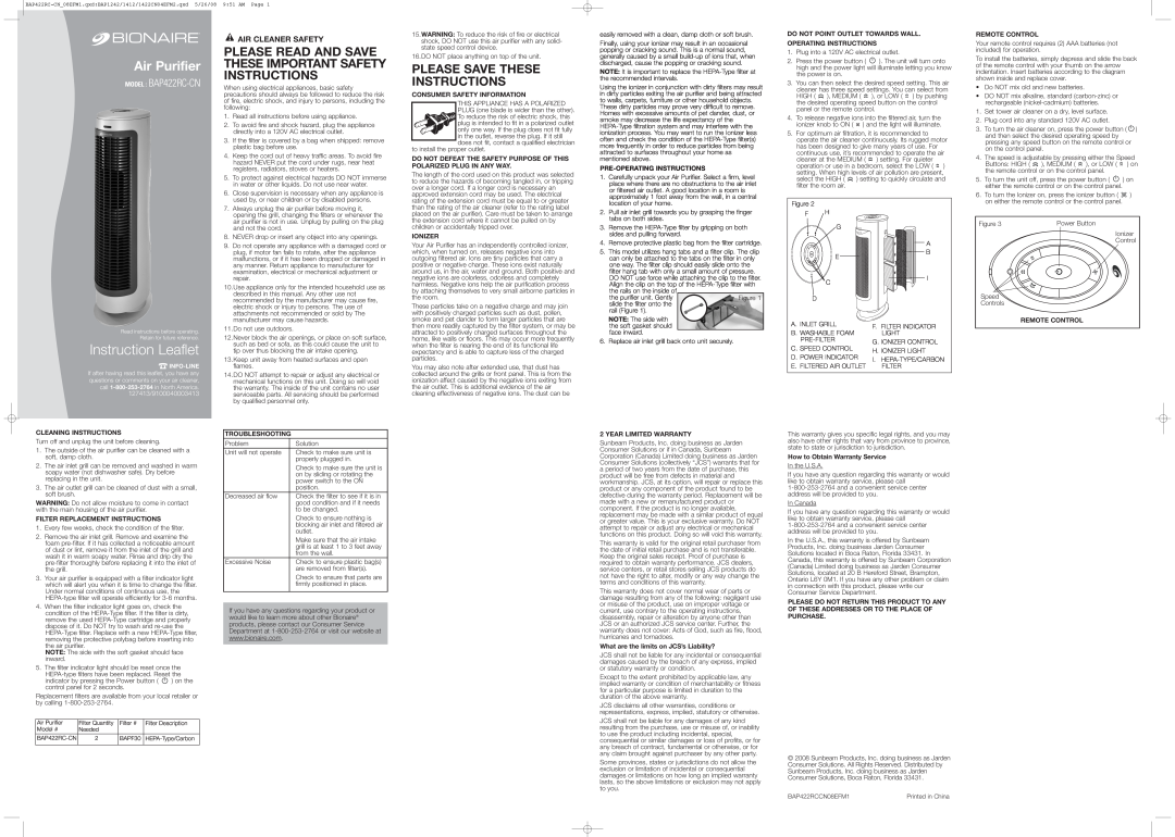 Bionaire BAP422RC-CN important safety instructions Instruction Leaflet, Air Purifier, Please Save These Instructions 