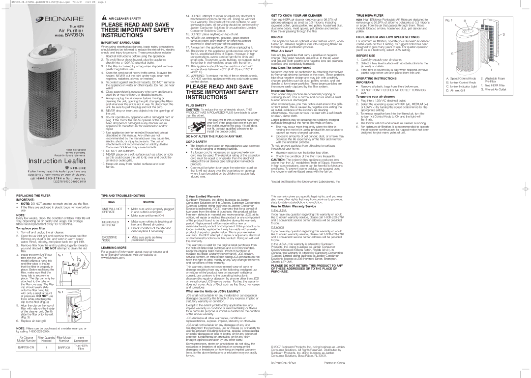 Bionaire BAP706-CN important safety instructions AIR Cleaner Safety, Important Safeguards, Plug Safety, Ionizer 