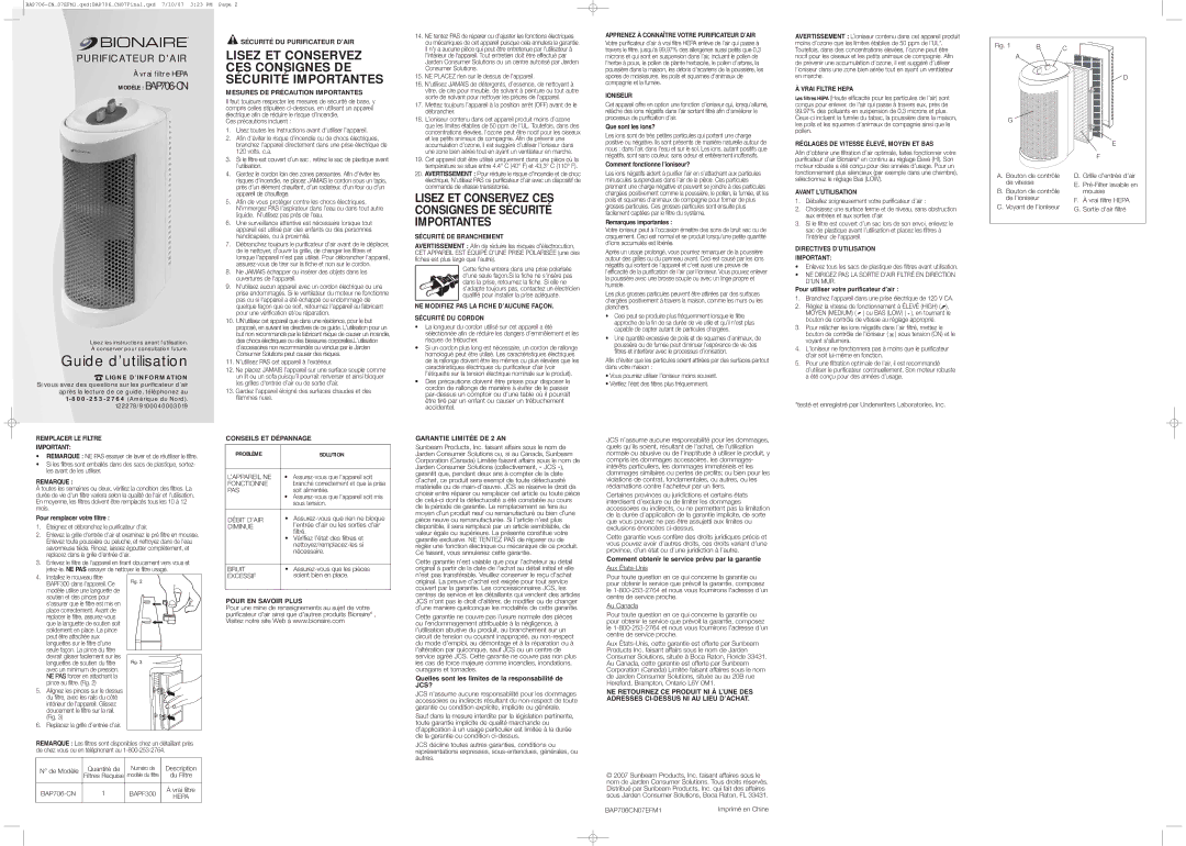 Bionaire Modèle BAP706-CN, Remplacer LE Filtre, Sécurité DU Purificateur D’AIR, Mesures DE Précaution Importantes 