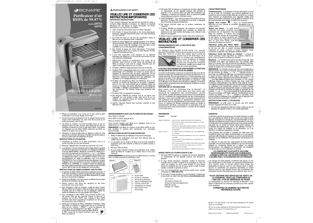 Bionaire BAP750 Instructions D’UTILISATION, Instructions DE Remplacement DES Filtres, Purificateur D’AIR Safety, Dépannage 