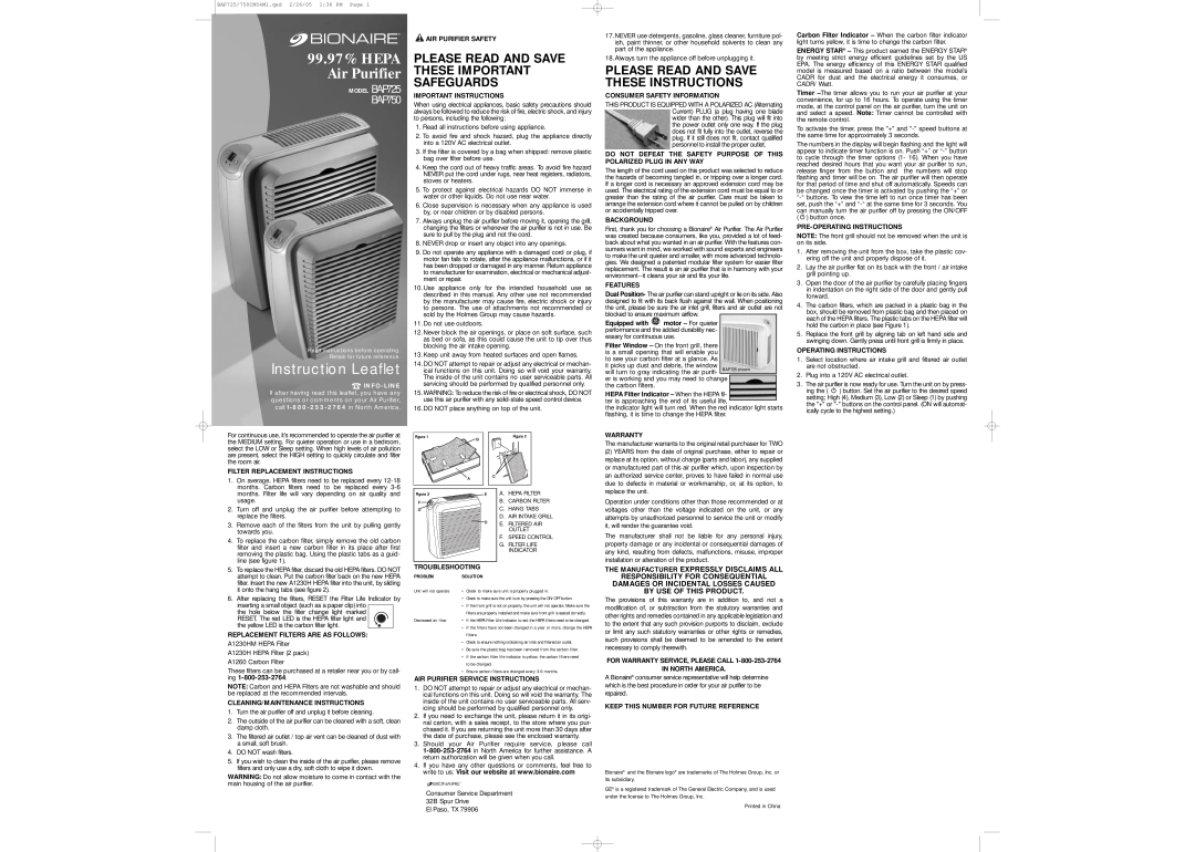 Bionaire BAP750 warranty Instruction Leaflet, The Manufacturer Expressly Disclaims All, Responsibility For Consequential 