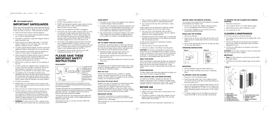 Bionaire BAP815 warranty Features, Before USE, Cleaning & Maintenance 