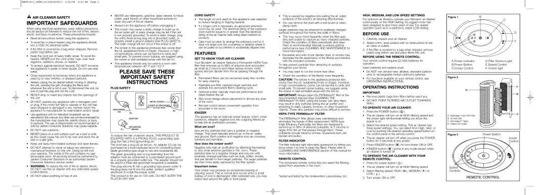 Bionaire BAP8500 warranty Features, Before USE, Operating Instructions 