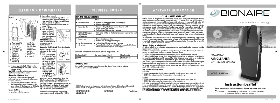 Bionaire BAP9700 warranty Tips and Troubleshooting, Learning More Year Limited Warranty 