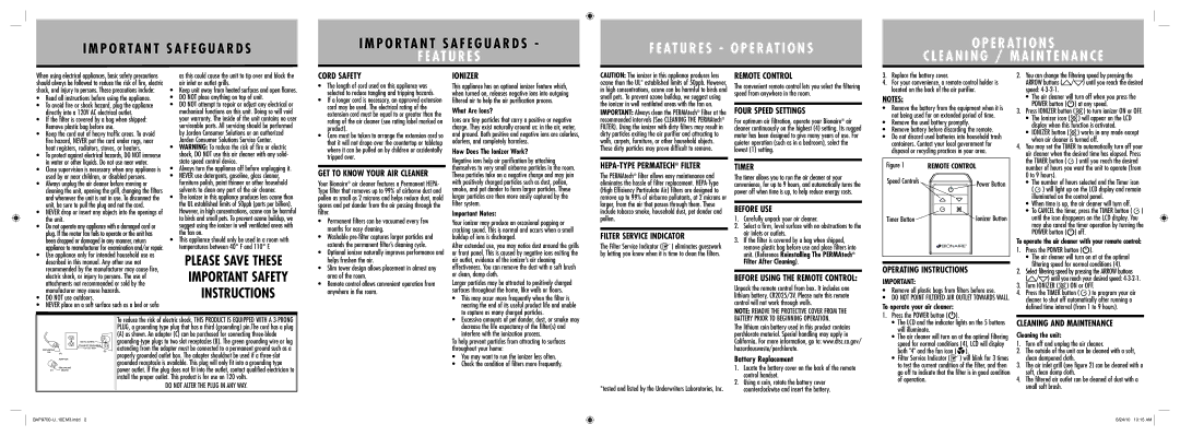 Bionaire BAP9700 Cord Safety, Ionizer, Remote Control, Four Speed Settings, Filter Service Indicator, Timer, Before USE 