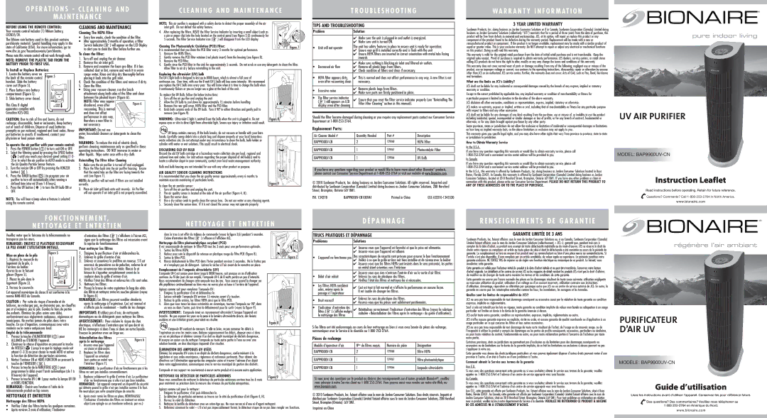 Bionaire BAP9900UV-CN warranty Discarding OLD UV Bulb, AIR Quality Sensor Cleaning Instructions 