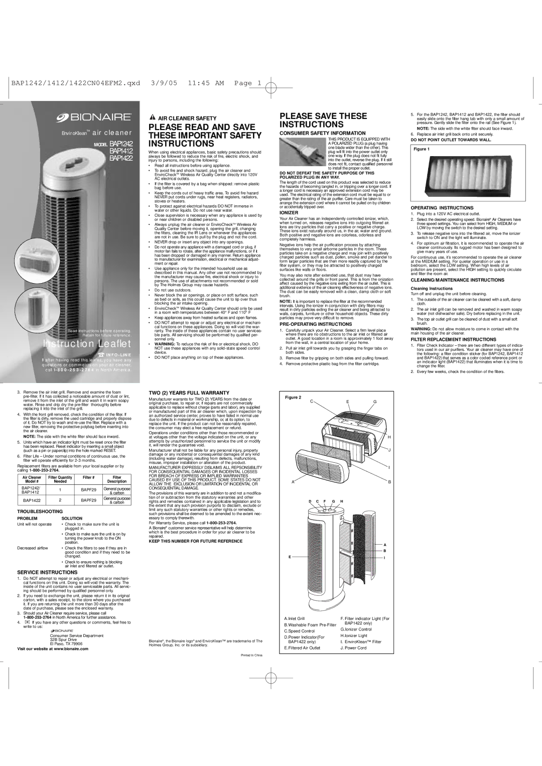 Bionaire BAPF29 warranty Troubleshooting, Service Instructions, TWO 2 Years Full Warranty, Consumer Safety Information 