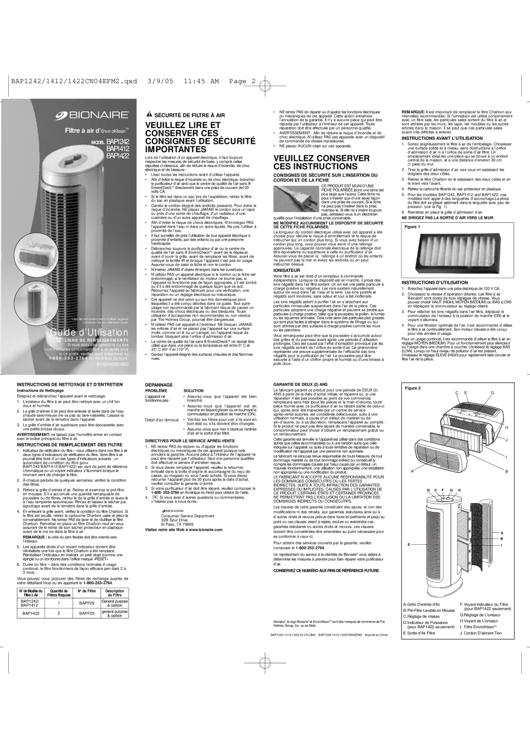 Bionaire BAPF29 Instructions DE Nettoyage ET D’ENTRETIEN, Instructions DE Remplacement DES Filtre, Dépannage, Ionisateur 