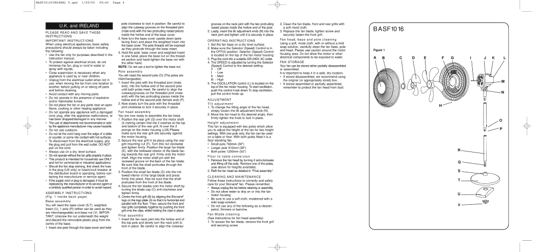 Bionaire BASF1016 instruction manual Operating Instructions, Adjustment, Cleaning and Maintenance, FAN Storage 