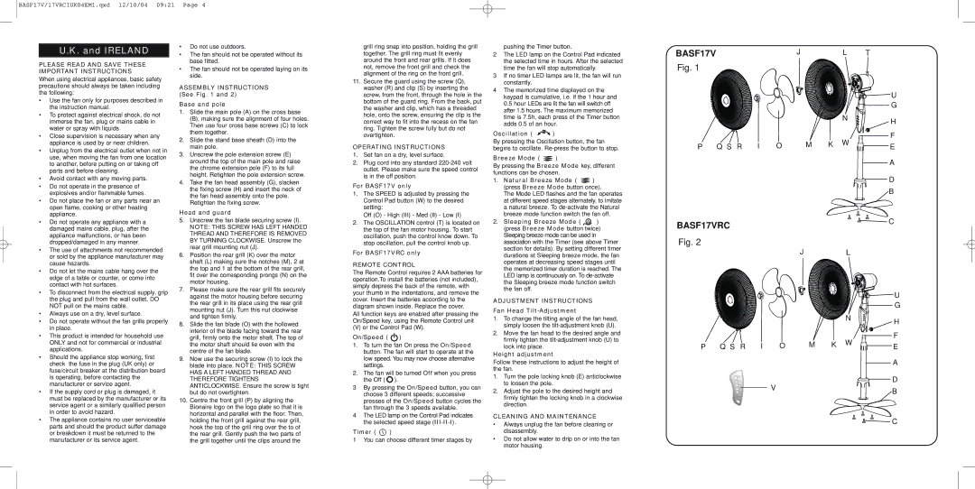 Bionaire BASF17V Please Read and Save These Important Instructions, Operating Instructions, Remote Control 