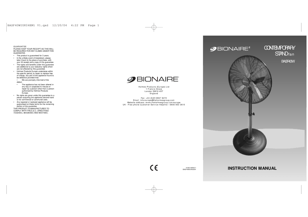 Bionaire BASF40W instruction manual Guarantee, This product is guaranteed for 3 years 