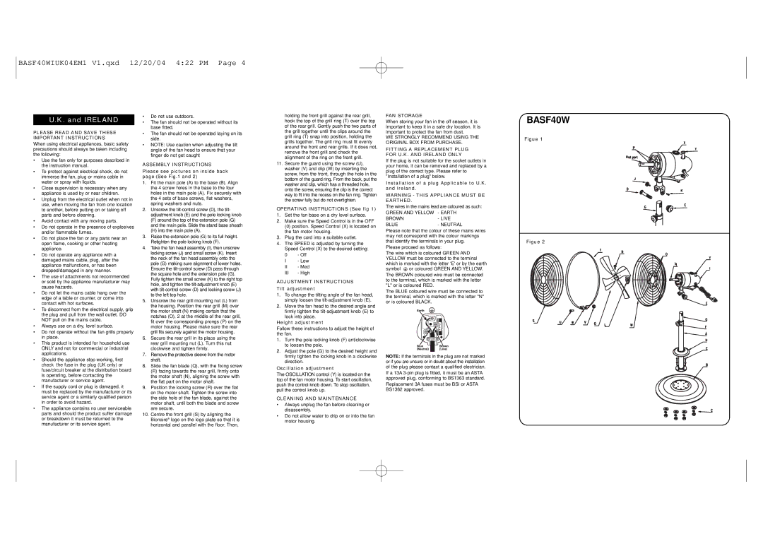 Bionaire BASF40W Please Read and Save These Important Instructions, Assembly Instructions, Cleaning and Maintenance 