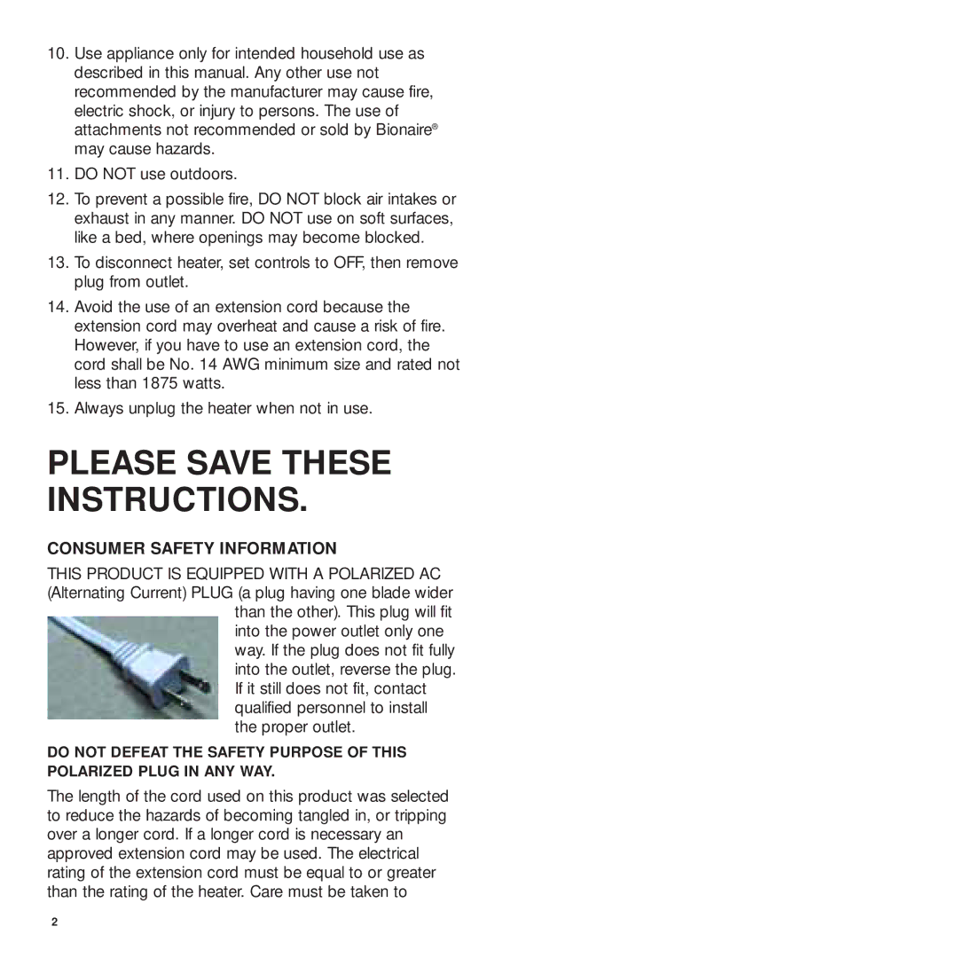 Bionaire BCH3210, BCH3220 manual Please Save These Instructions, Consumer Safety Information 