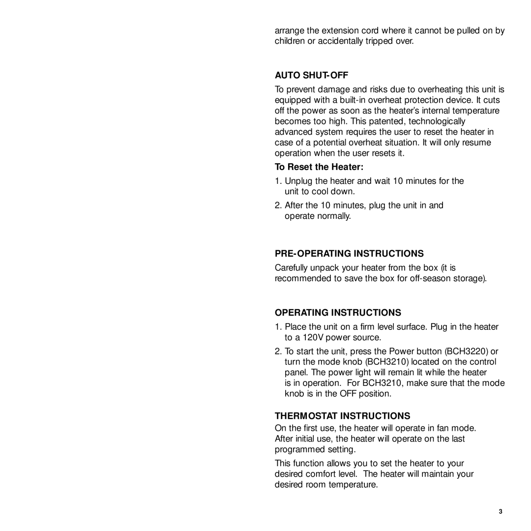 Bionaire BCH3220, BCH3210 manual Auto SHUT-OFF, To Reset the Heater, PRE-OPERATING Instructions, Operating Instructions 