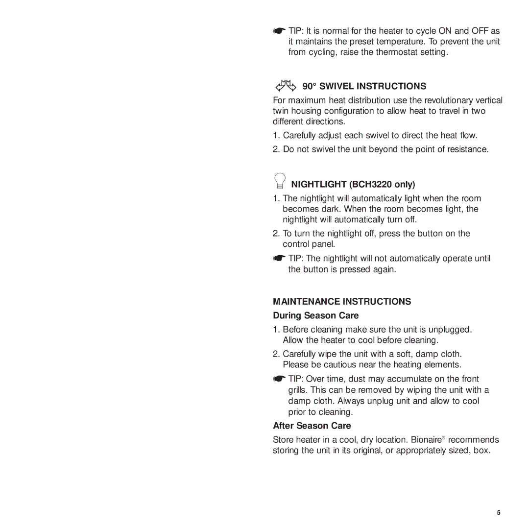 Bionaire Swivel Instructions, Nightlight BCH3220 only, Maintenance Instructions, During Season Care, After Season Care 