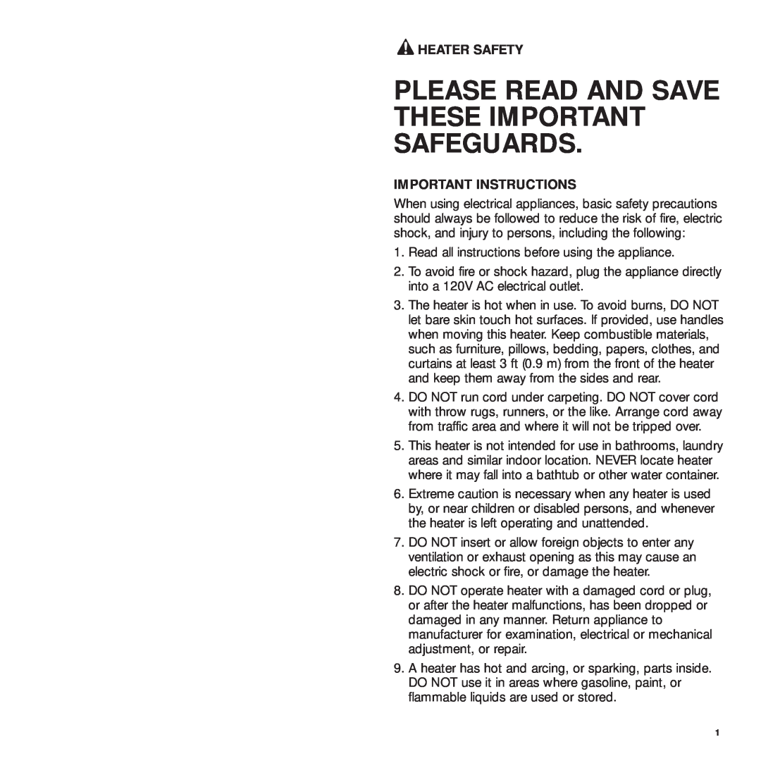 Bionaire BCH3220, BCH3210 manual Please Read And Save These Important Safeguards, Heater Safety, Important Instructions 