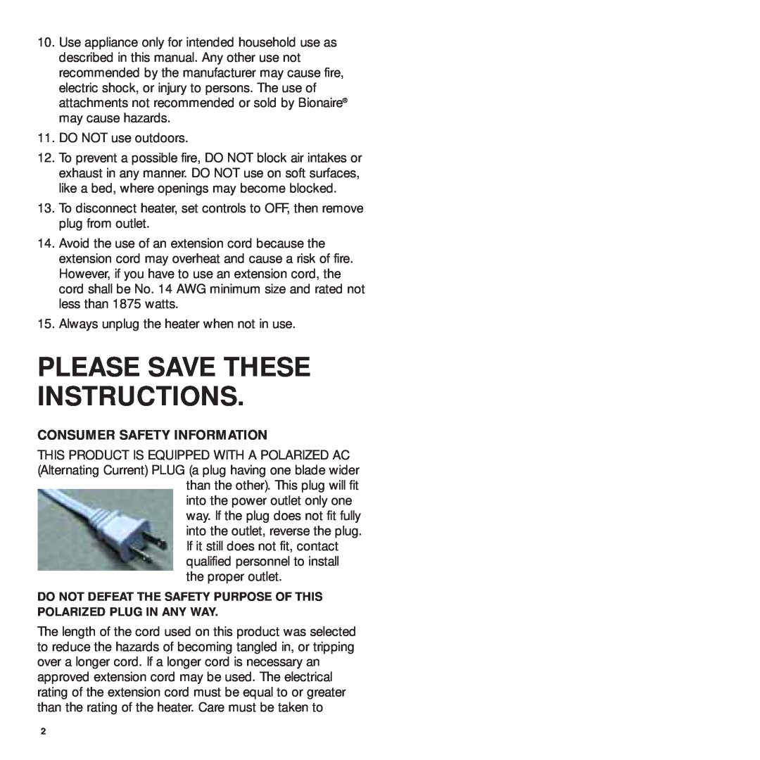 Bionaire BCH3210, BCH3220 manual Please Save These Instructions, Consumer Safety Information 