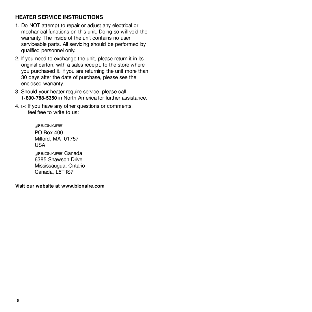 Bionaire BCH3210, BCH3220 manual Heater Service Instructions 