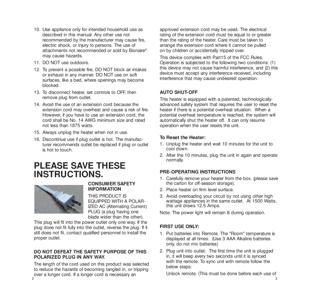 Bionaire BCH3230 Please Save These Instructions, Consumer Safety Information, Auto SHUT-OFF, PRE-OPERATING Instructions 