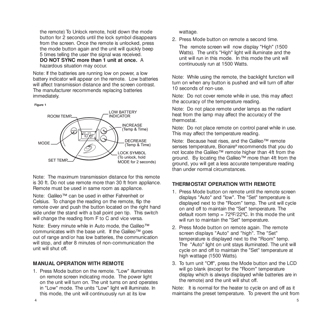 Bionaire BCH3230 manual Manual Operation with Remote, Thermostat Operation with Remote 