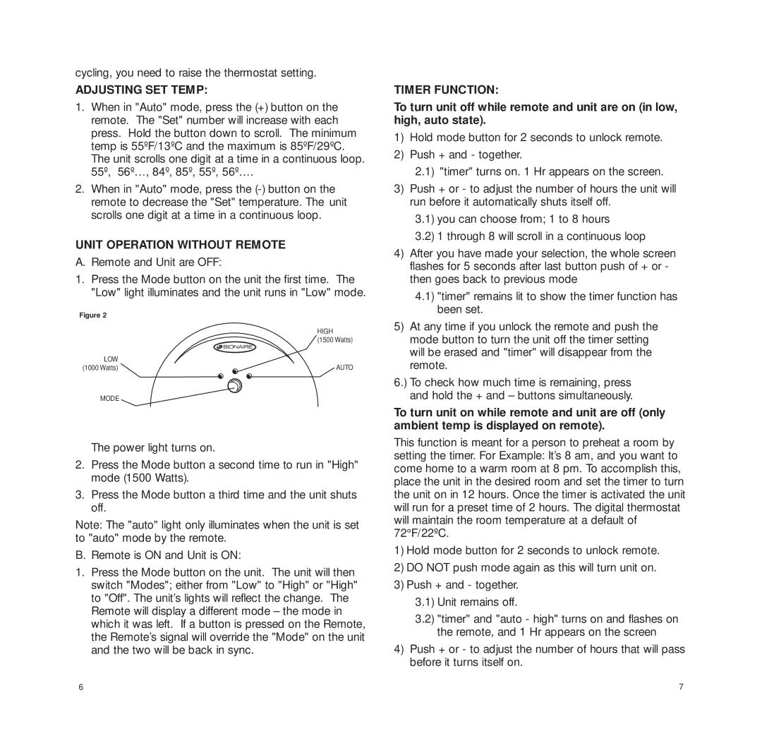 Bionaire BCH3230 Cycling, you need to raise the thermostat setting, Adjusting SET Temp, Unit Operation Without Remote 