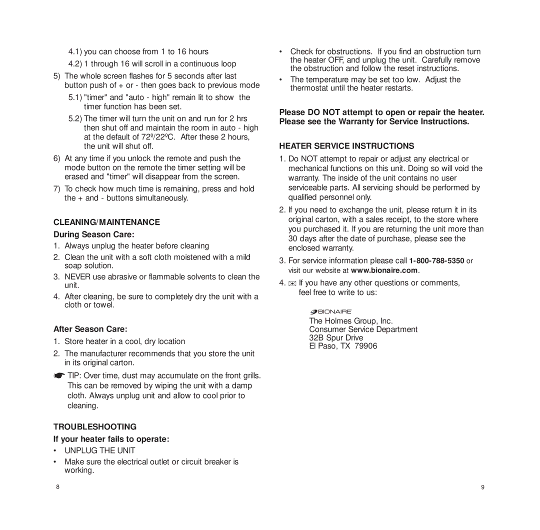 Bionaire BCH3230 manual Cleaning/Maintenance, Troubleshooting, Heater Service Instructions 