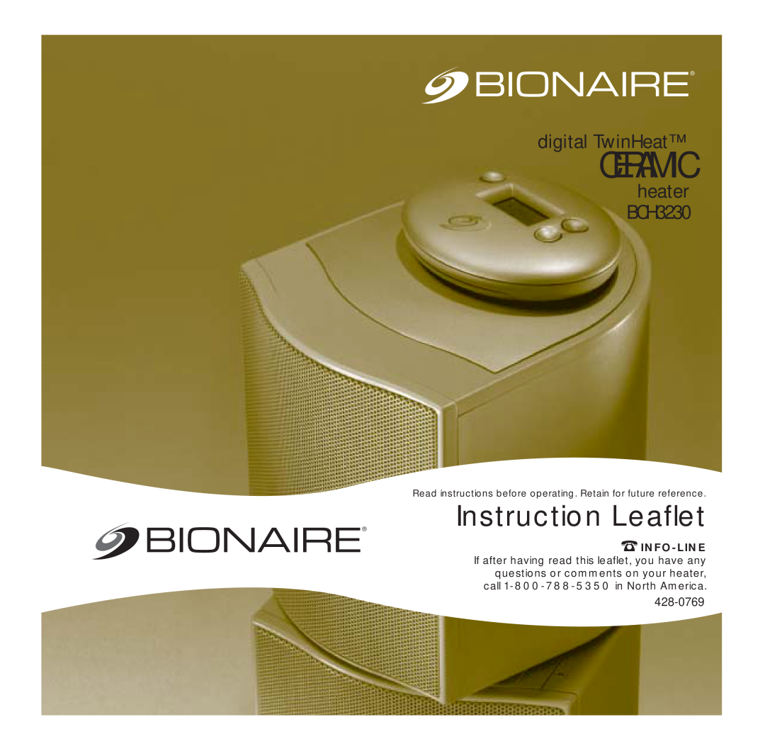 Bionaire BCH3230 manual Ceramic, Instruction Leaflet, digital TwinHeat, heater, 428-0769, Info-Line 