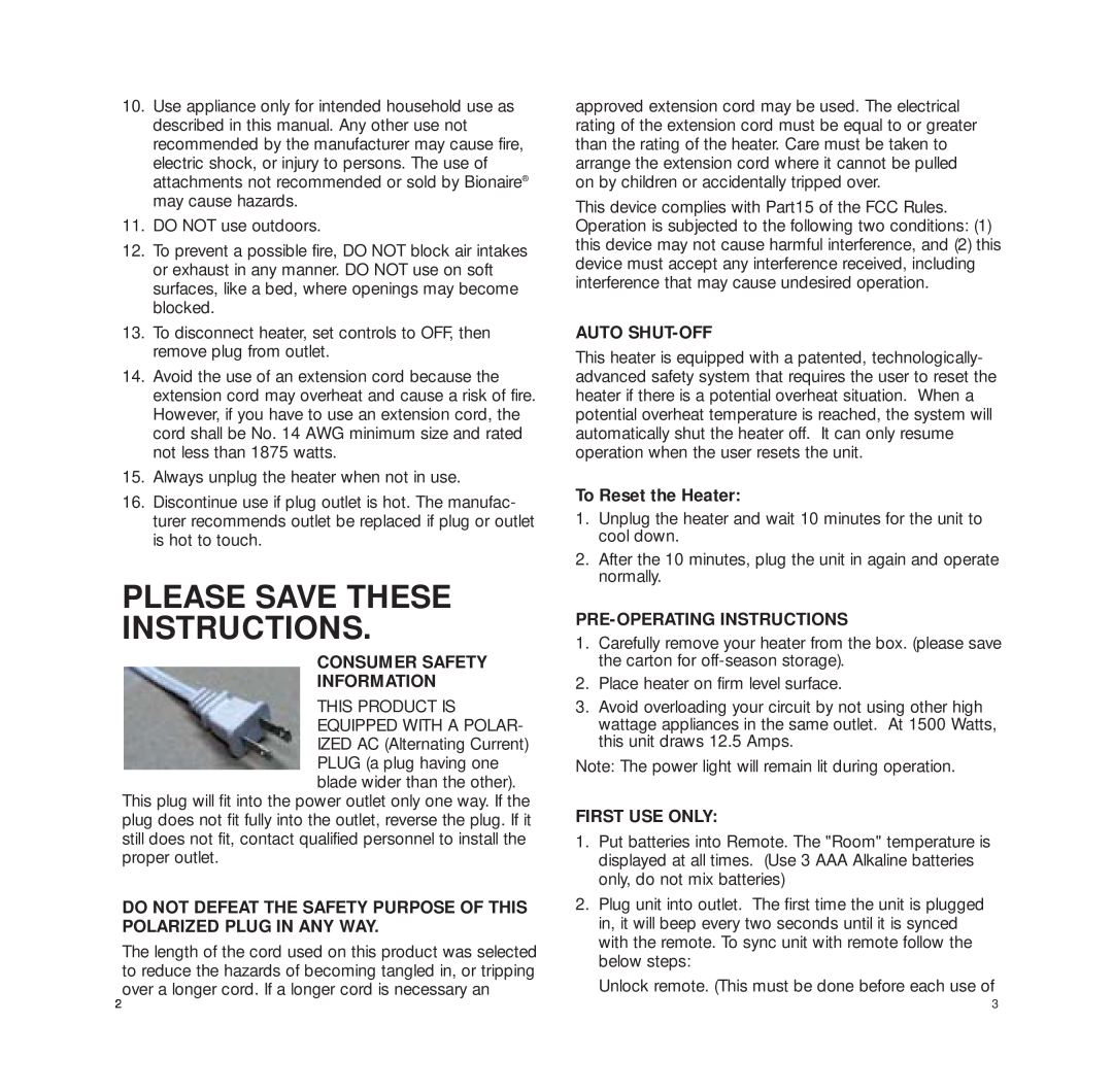 Bionaire BCH3230 manual Please Save These Instructions, Consumer Safety Information, Auto Shut-Off, To Reset the Heater 