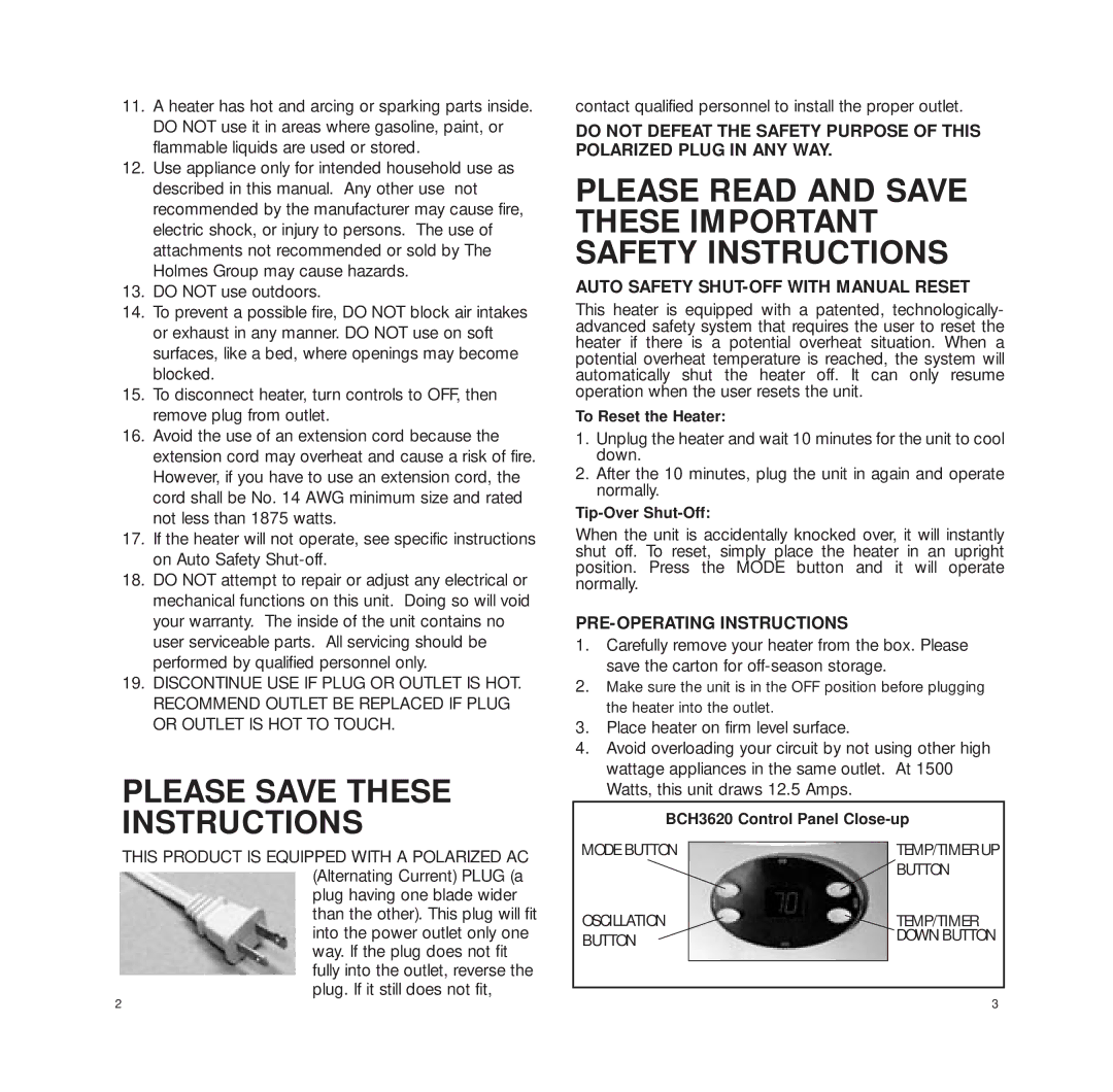 Bionaire BCH3620 manual Please Save These Instructions, Please Read and Save These Important Safety Instructions 