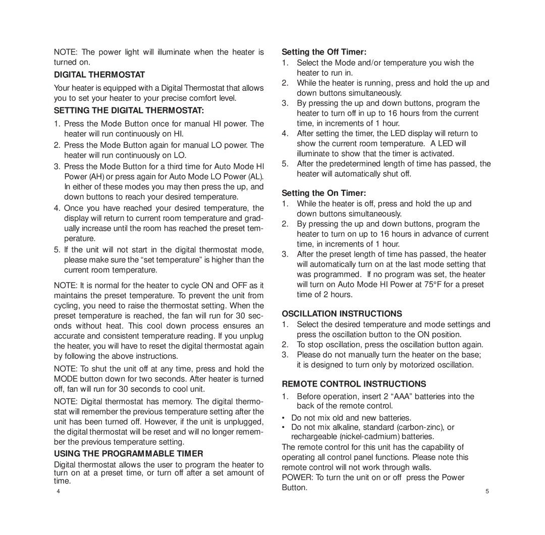 Bionaire BCH3620 manual Setting the Digital Thermostat, Using the Programmable Timer, Oscillation Instructions 