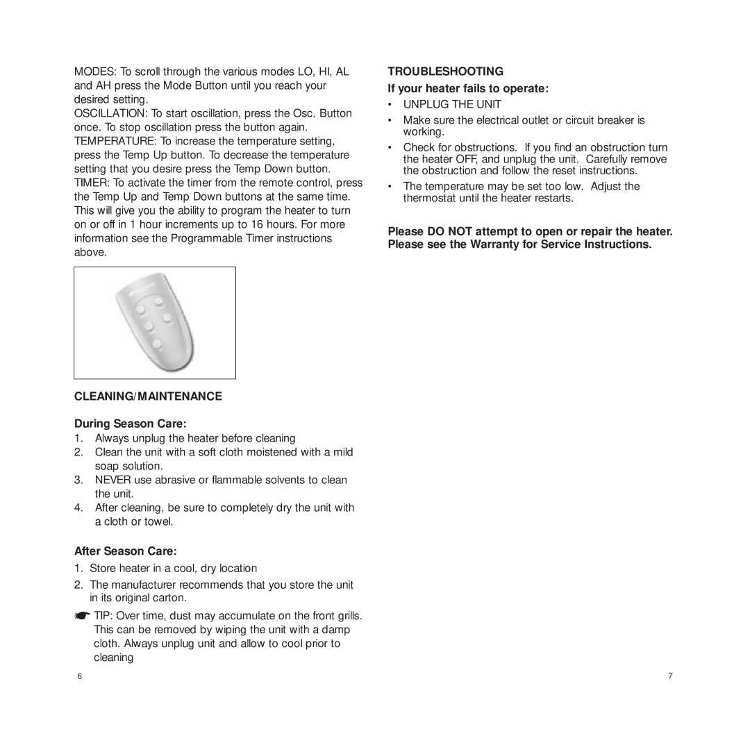 Bionaire BCH3620 manual Cleaning/Maintenance, During Season Care, After Season Care, Troubleshooting 