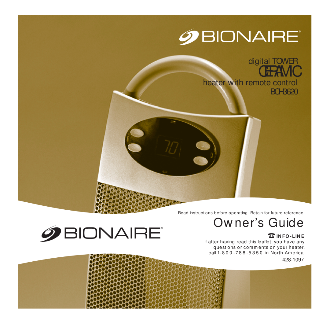Bionaire BCH3620 manual Ceramic, Owner’s Guide, digital TOWER, heater with remote control, 428-1097, Info-Line 