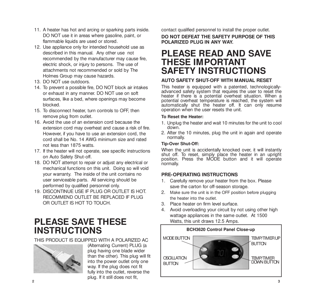 Bionaire BCH3620 manual Please Save These Instructions, Auto Safety Shut-Offwith Manual Reset, Pre-Operatinginstructions 