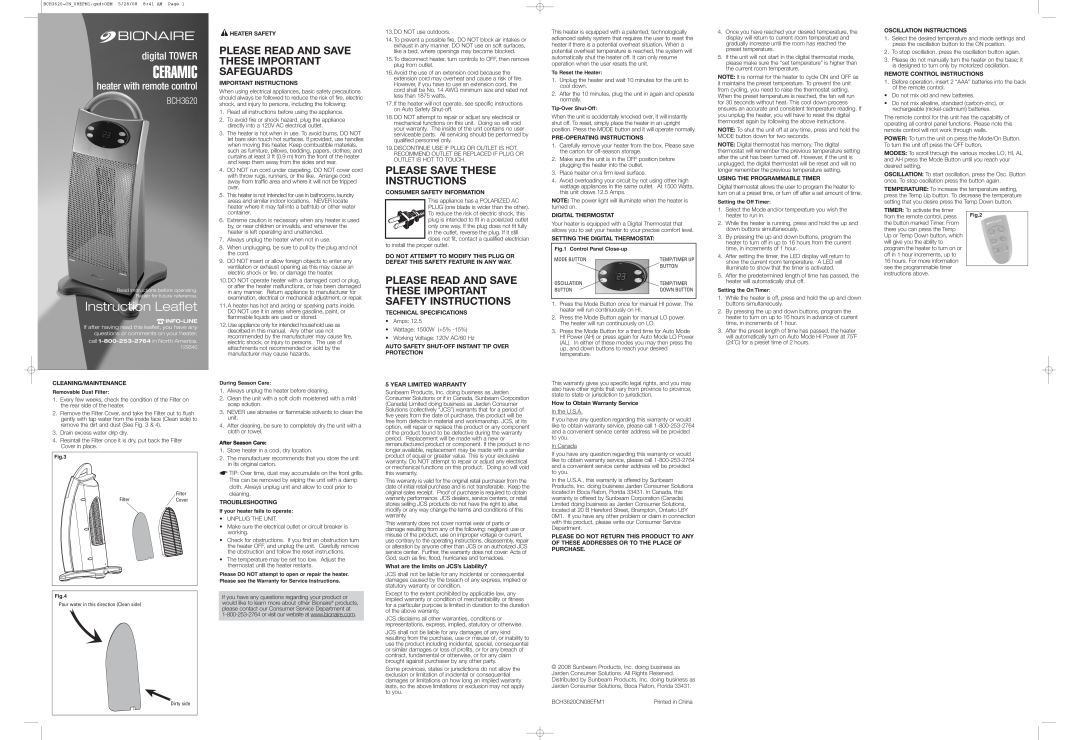 Bionaire BCH3620CN08EFM1 important safety instructions Ceramic, Instruction Leaflet, digital TOWER 