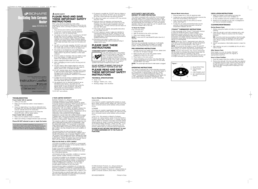 Bionaire BCH4830-CN technical specifications Troubleshooting, Consumer Safety Information, Technical Specifications 