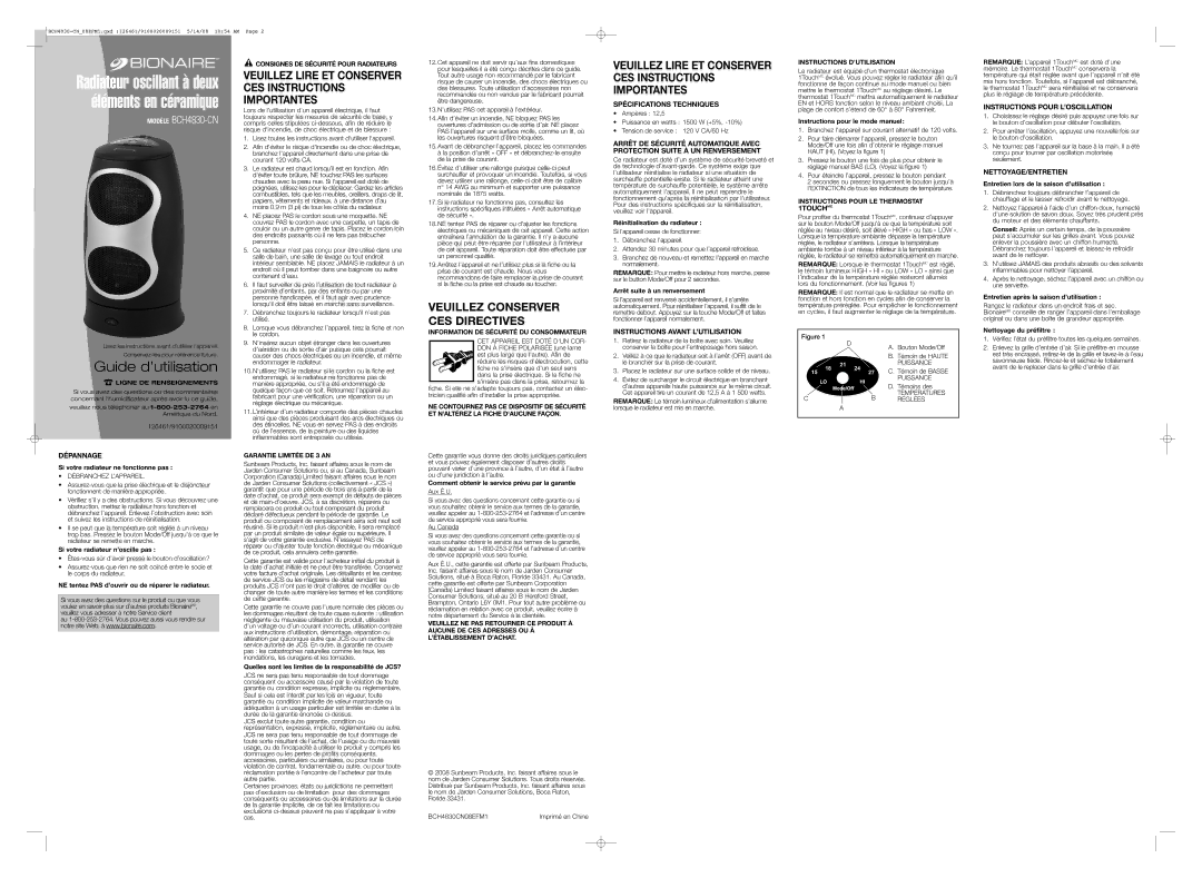 Bionaire BCH4830CN08EFM1, BCH4830-CN Dépannage, Spécifications Techniques, Instructions Avant L’UTILISATION, 1TOUCHMC 