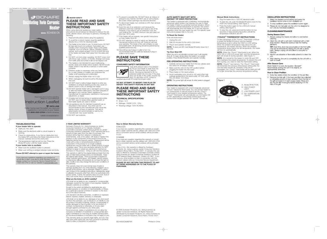 Bionaire BCH4830-CN, BCH4830CN08EFM1 technical specifications Instruction Leaflet, Oscillating Twin Ceramic Heater 