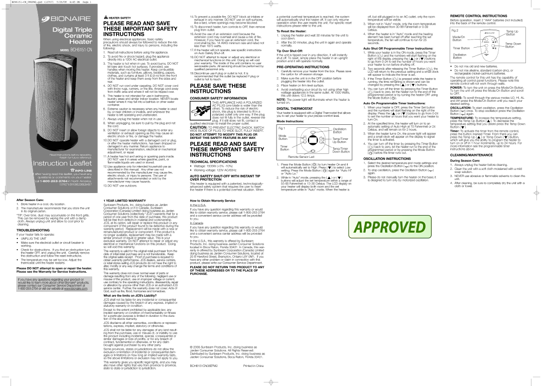 Bionaire BCH6151CN08EFM2 technical specifications Troubleshooting, Consumer Safety Information, Technical Specifications 