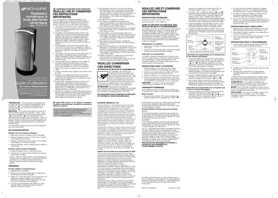 Bionaire BCH6151-CN Nettoyage/Entretien, Dépannage, Spécifications Techniques, Instructions Avant L’UTILISATION 