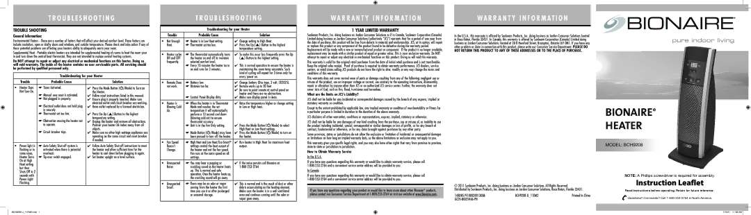 Bionaire BCH9208 warranty General Information, Troubleshooting for your Heater Probable Cause Solution 