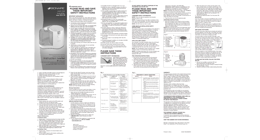 Bionaire BCM1745C05EFM1 important safety instructions Humidifier Safety, Important Safeguards, Operating Instructions 