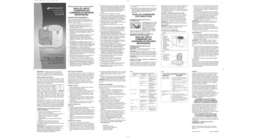 Bionaire BCM1745-CN Sécurité EN Matière D’HUMIDIFICATEURS, Mesures DE Sécurité Importantes, Nettoyage ET Entretien 