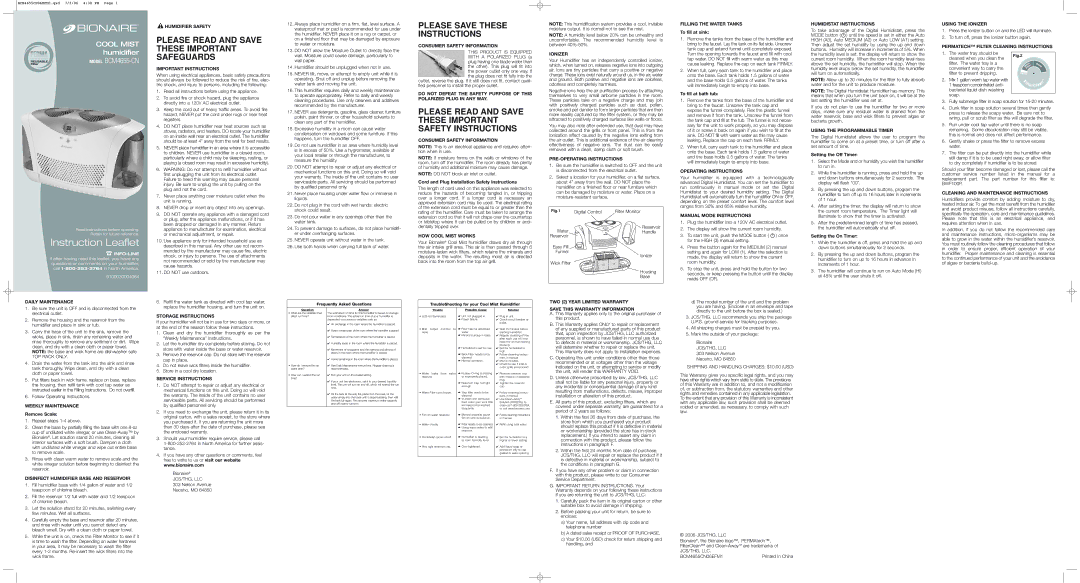 Bionaire BCM4655-CN important safety instructions Daily Maintenance Humidifier Safety, Important Instructions, Ionizer 