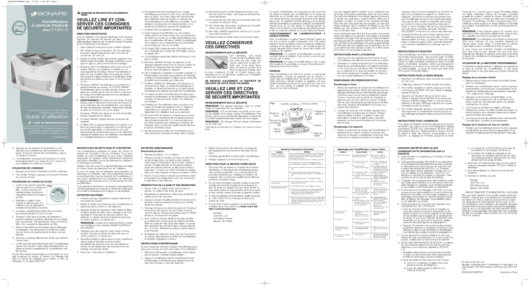 Bionaire BCM4655CN06EFM1 Consignes DE Sécurité Pour LES HUMIDIFICA- Teurs, Directives Importantes, Entretien Hebdomadaire 