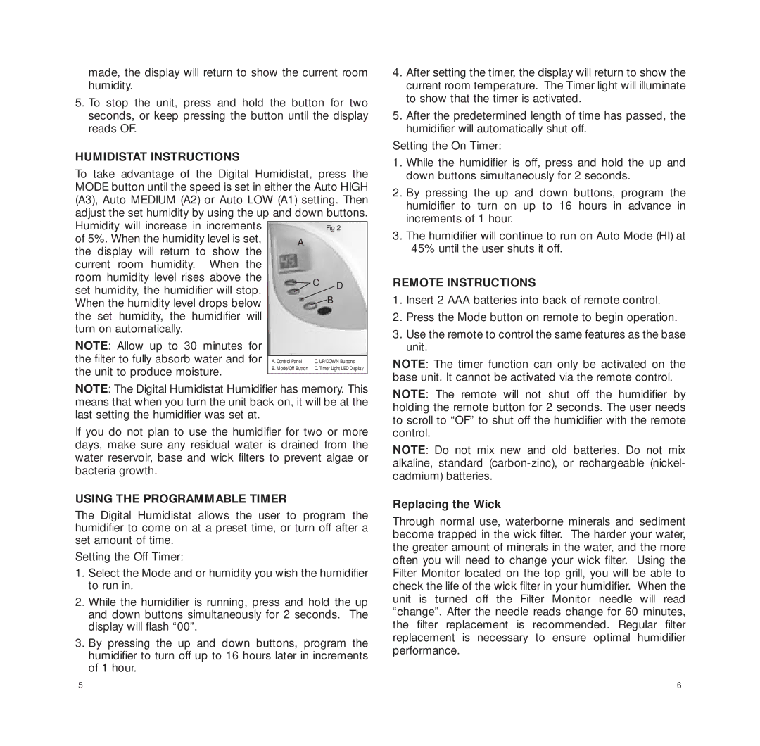 Bionaire BCM5520RC manual Humidistat Instructions, Using the Programmable Timer, Remote Instructions, Replacing the Wick 