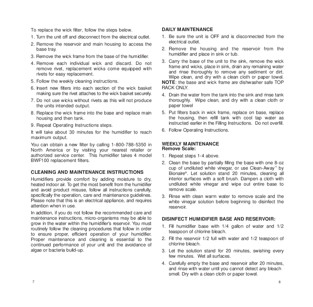 Bionaire BCM5520RC manual Cleaning and Maintenance Instructions, Daily Maintenance, Weekly Maintenance, Remove Scale 