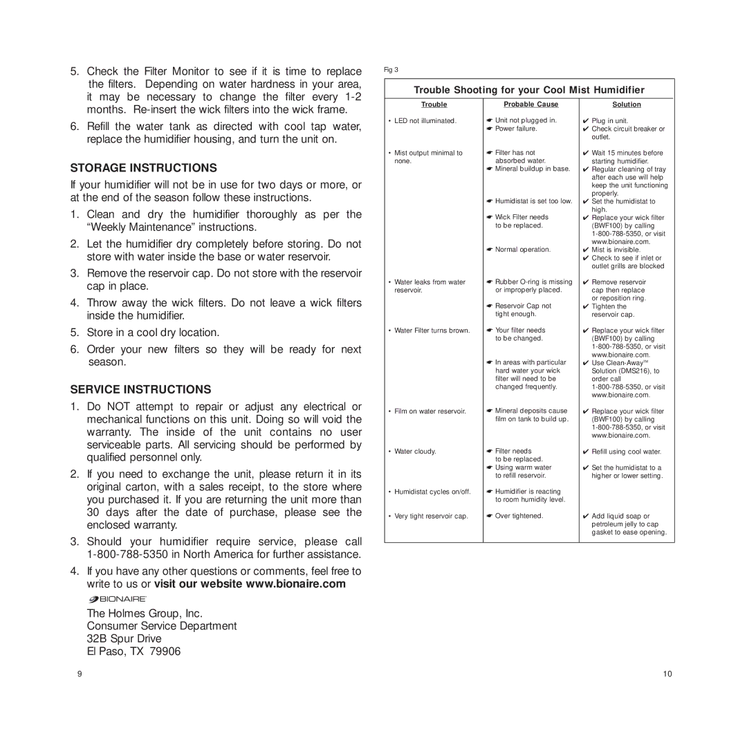 Bionaire BCM5520RC manual Storage Instructions, Service Instructions 