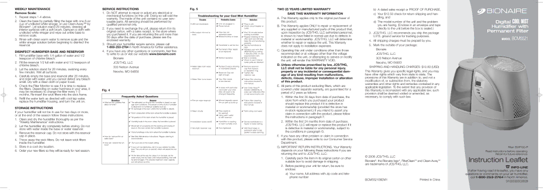 Bionaire BCM5521 warranty Service Instructions, TWO 2 Years Limited Warranty Save this Warranty Information 