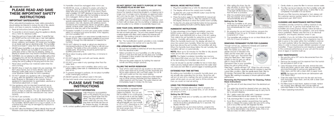 Bionaire BCM5521 warranty Humidistat Instructions, Cleaning and Maintenance Instructions, PRE-OPERATING Instructions 